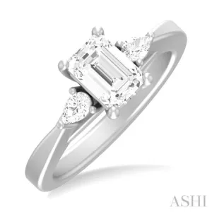 1/4 Ctw Tri-Mount Emerald Shape Center Pear and Round Cut Diamond Semi Mount Engagement Ring in 14K White Gold