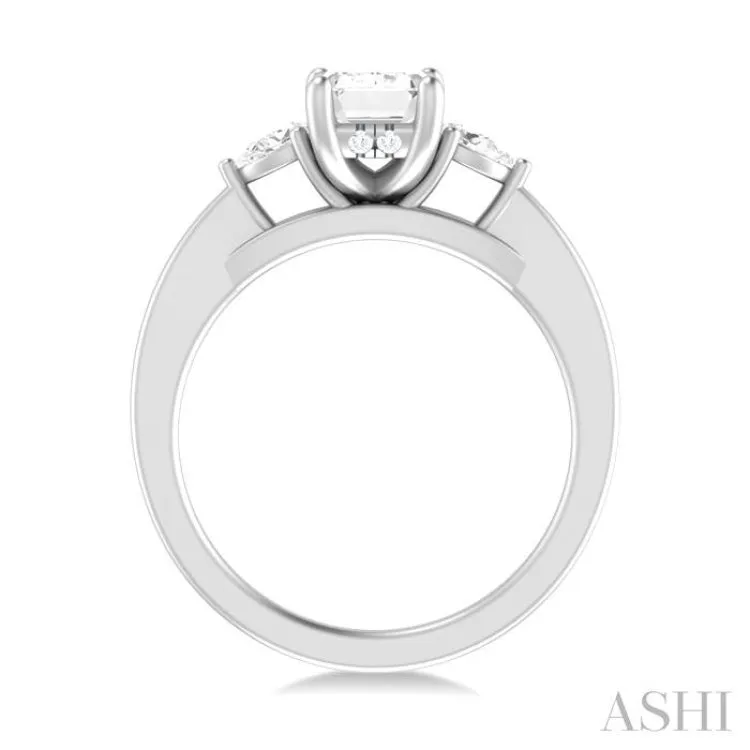 1/4 Ctw Tri-Mount Emerald Shape Center Pear and Round Cut Diamond Semi Mount Engagement Ring in 14K White Gold