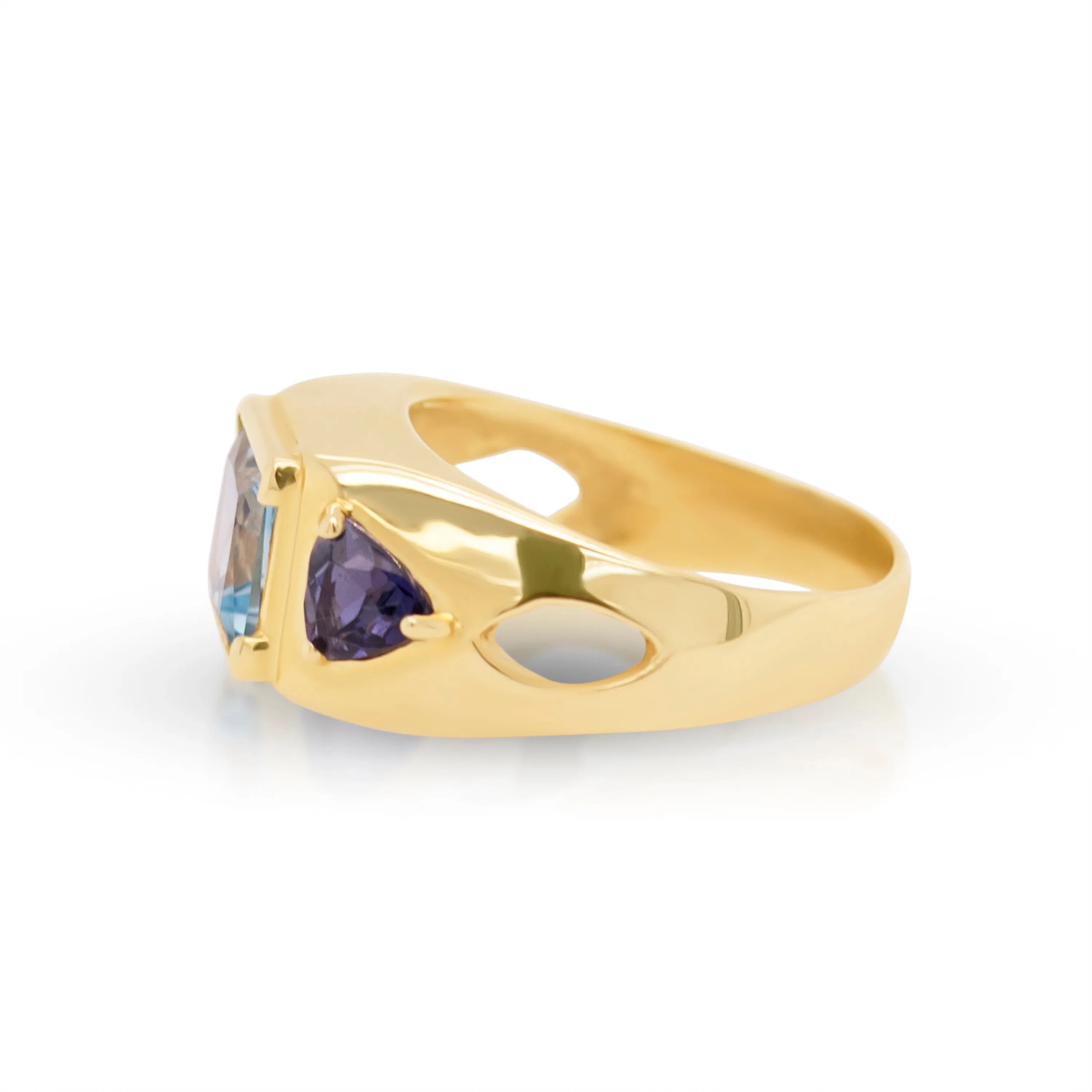 14K Gold Blue Topaz and Iolite Gemstones Ring