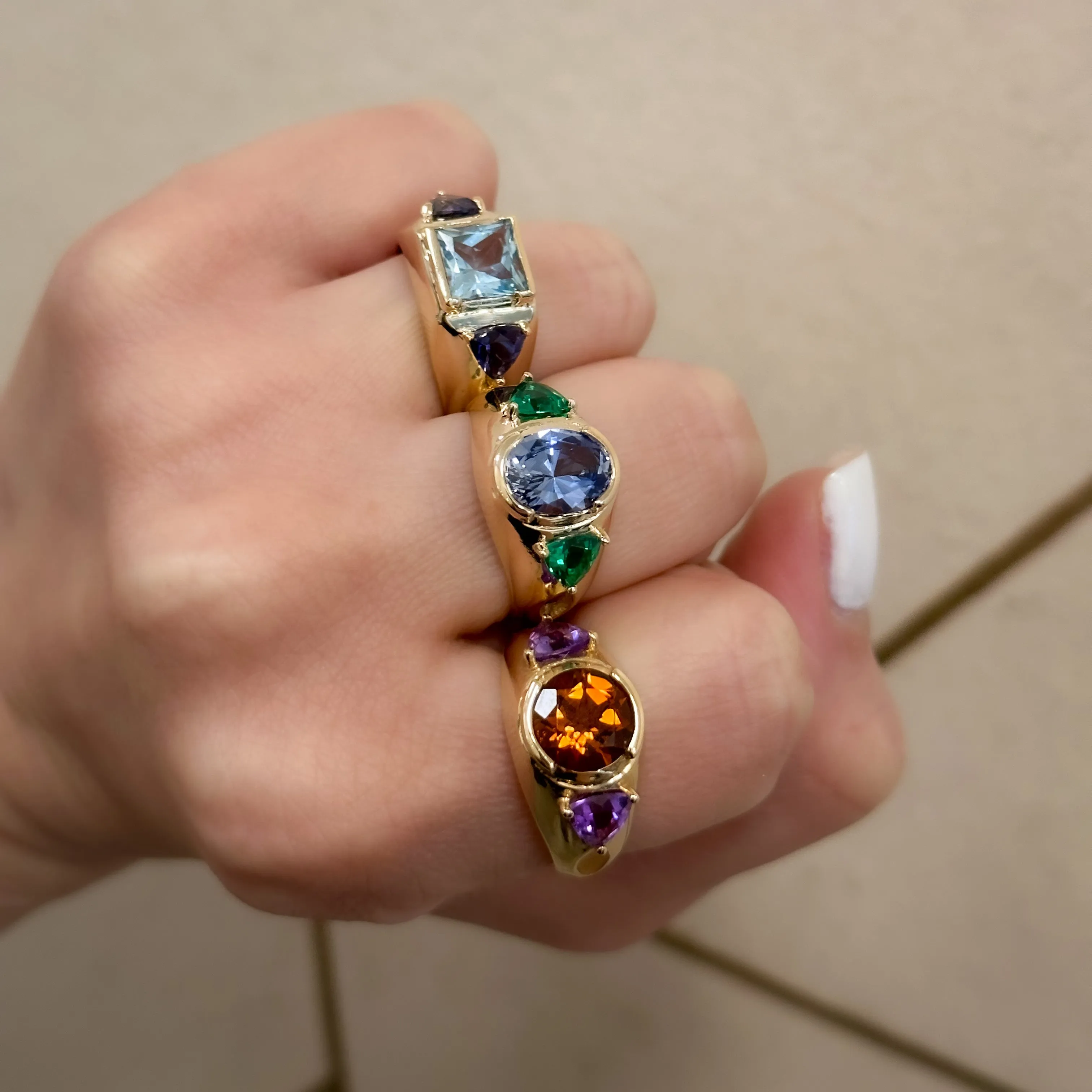 14K Gold Blue Topaz and Iolite Gemstones Ring