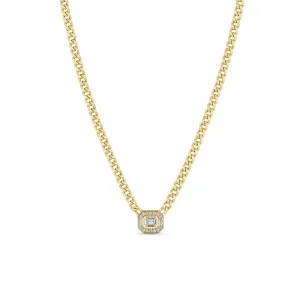 14k Small Curb Chain Emerald Cut Diamond Halo Necklace