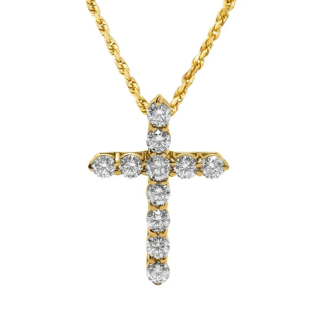 14k Yellow Gold Classic Round Diamond Cross 1.56 Cwt.