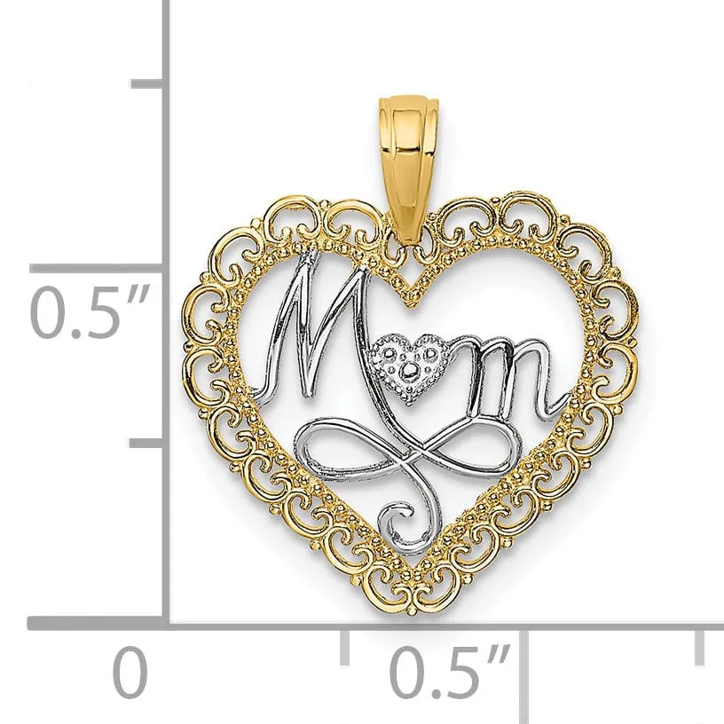 14k Yellow Gold, White Rhodium Polished Finish Cut Out MOM in Scallop Heart Fancy Design Charm Pendant