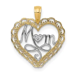 14k Yellow Gold, White Rhodium Polished Finish Cut Out MOM in Scallop Heart Fancy Design Charm Pendant