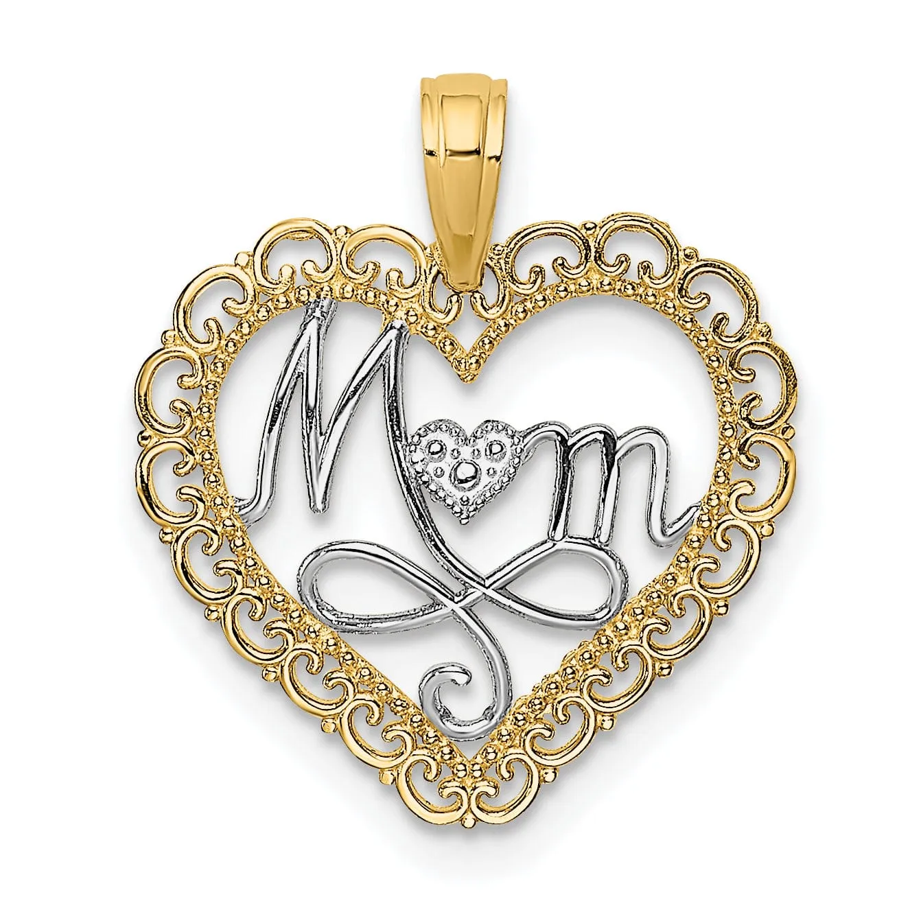 14k Yellow Gold, White Rhodium Polished Finish Cut Out MOM in Scallop Heart Fancy Design Charm Pendant