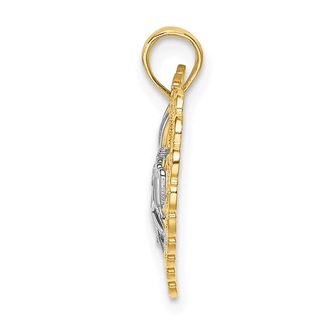 14k Yellow Gold, White Rhodium Polished Finish Cut Out MOM in Scallop Heart Fancy Design Charm Pendant