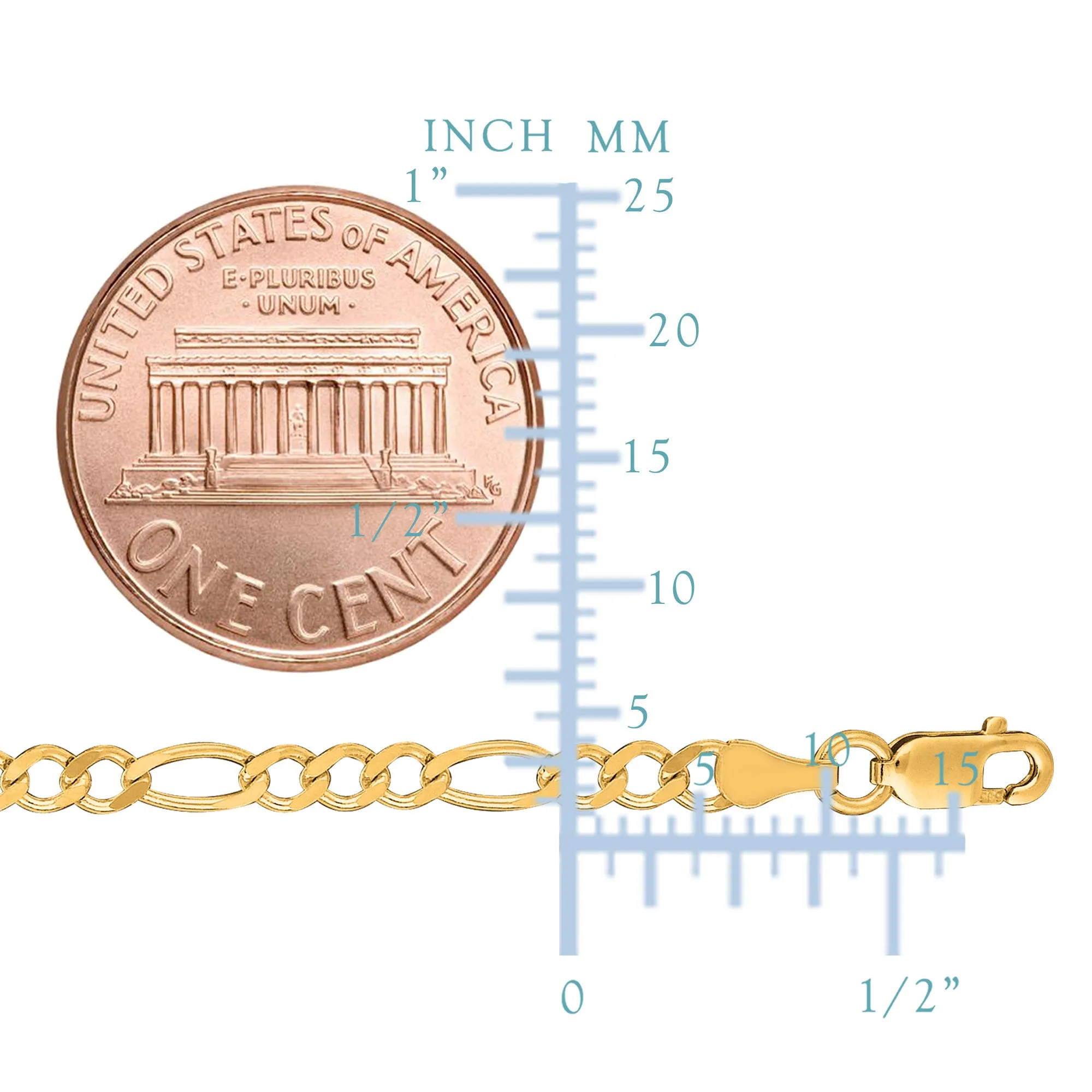 14k Yellow Solid Gold Figaro Chain Necklace, 3.0mm