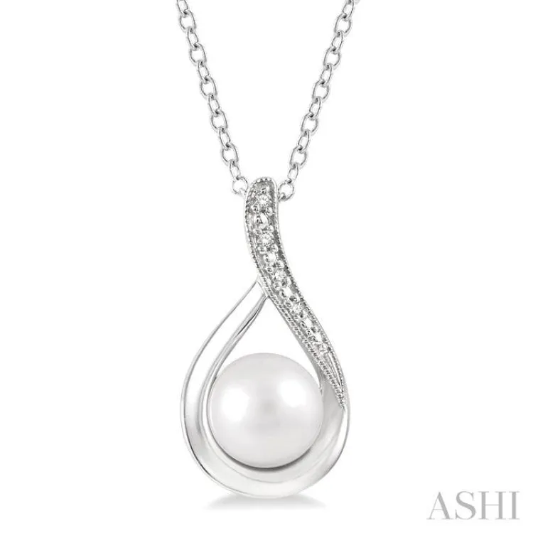 1/50 ctw Drop Shape Round Cut Diamond & 7x7MM White Pearl Pendant With Chain in Sterling Silver
