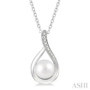 1/50 ctw Drop Shape Round Cut Diamond & 7x7MM White Pearl Pendant With Chain in Sterling Silver