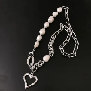 925 Sterling Silver Necklace Charm Jewelry - Asymmetric Heart Pearl - TSJ104