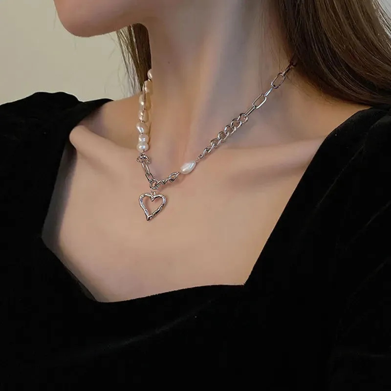 925 Sterling Silver Necklace Charm Jewelry - Asymmetric Heart Pearl - TSJ104