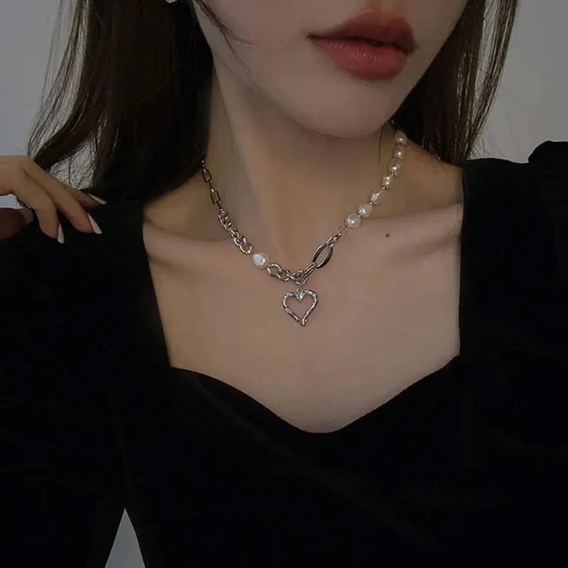 925 Sterling Silver Necklace Charm Jewelry - Asymmetric Heart Pearl - TSJ104