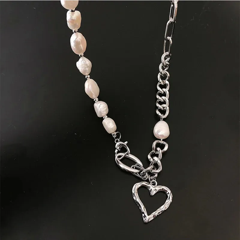 925 Sterling Silver Necklace Charm Jewelry - Asymmetric Heart Pearl - TSJ104