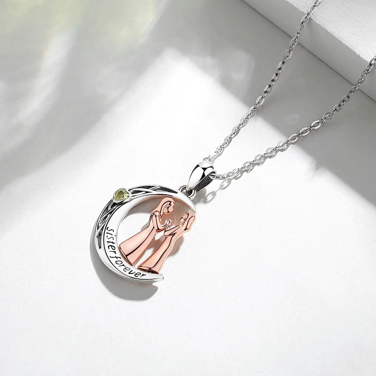 925 Sterling Silver Sister Forever Rose Gold Necklac Moon Style Yellow CZ Pendant Fashion Jewelry for Women Girl
