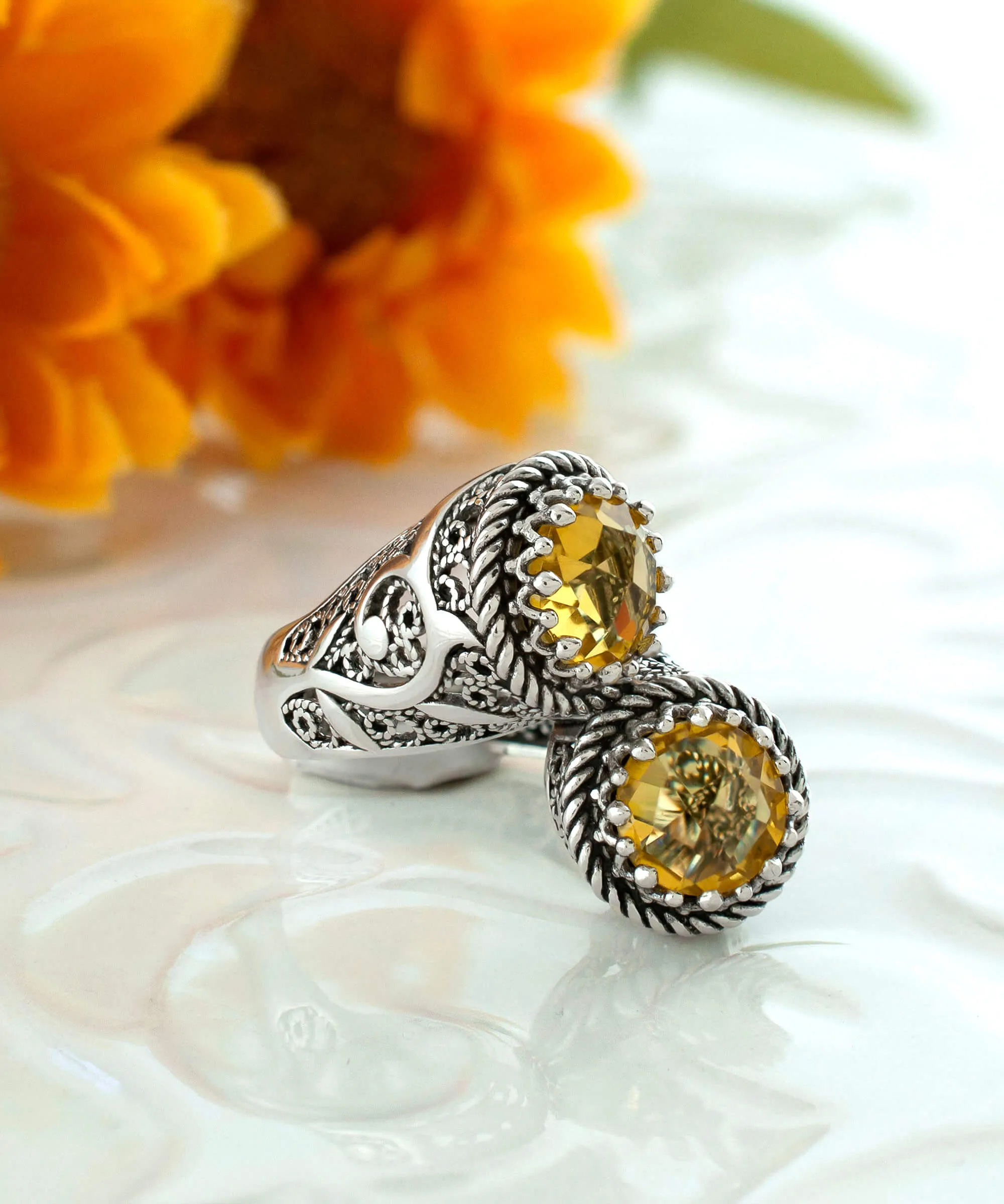 925 Sterling Silver Women's Bypass Ring with Citrine Gemstone -