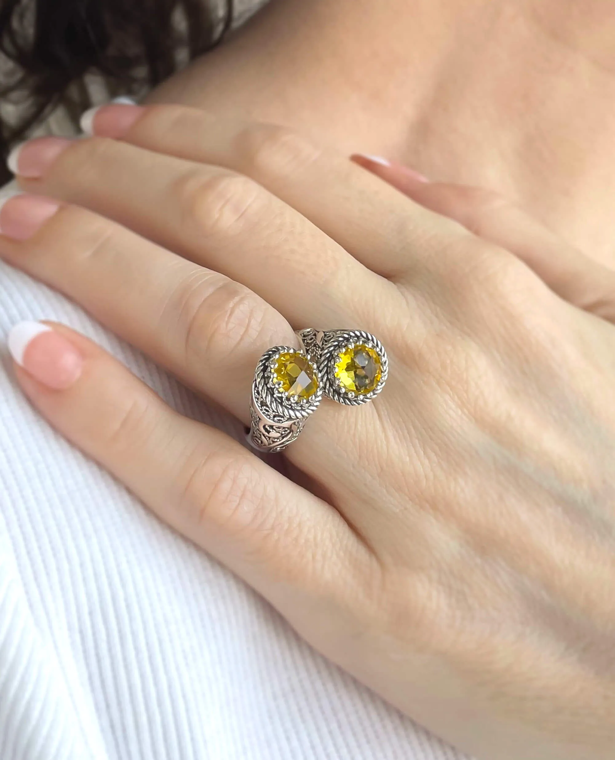 925 Sterling Silver Women's Bypass Ring with Citrine Gemstone -