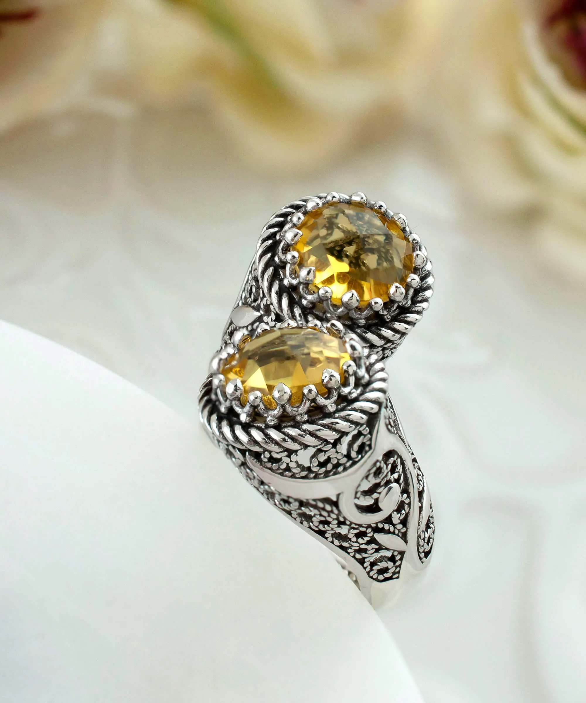 925 Sterling Silver Women's Bypass Ring with Citrine Gemstone -