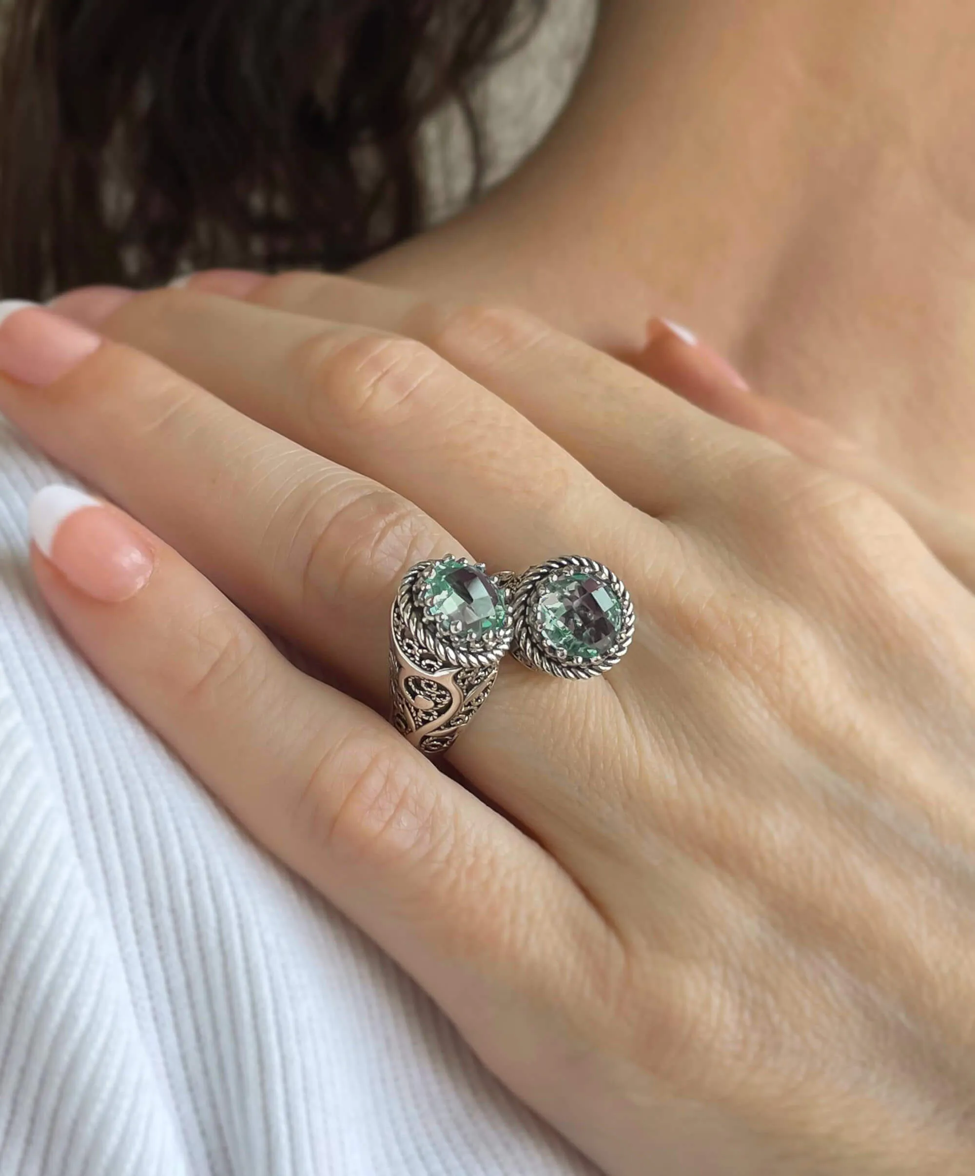 925 Sterling Silver Women's Bypass Ring with Prasiolite Gemstone -