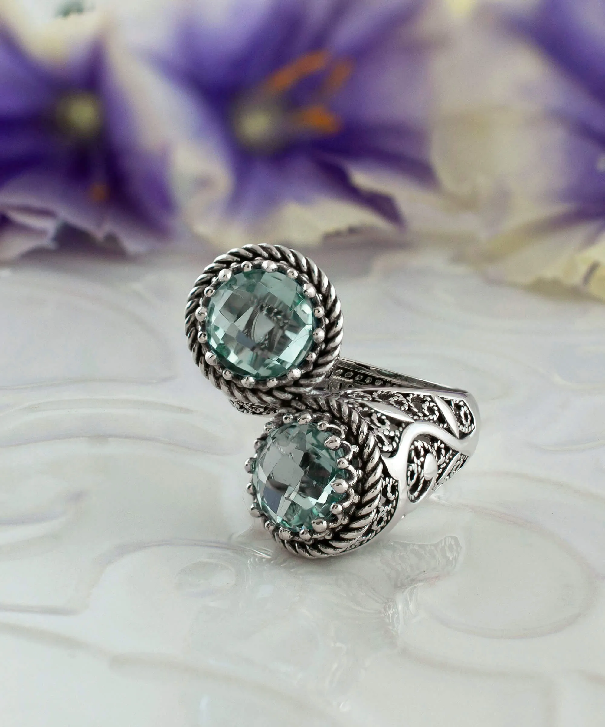 925 Sterling Silver Women's Bypass Ring with Prasiolite Gemstone -
