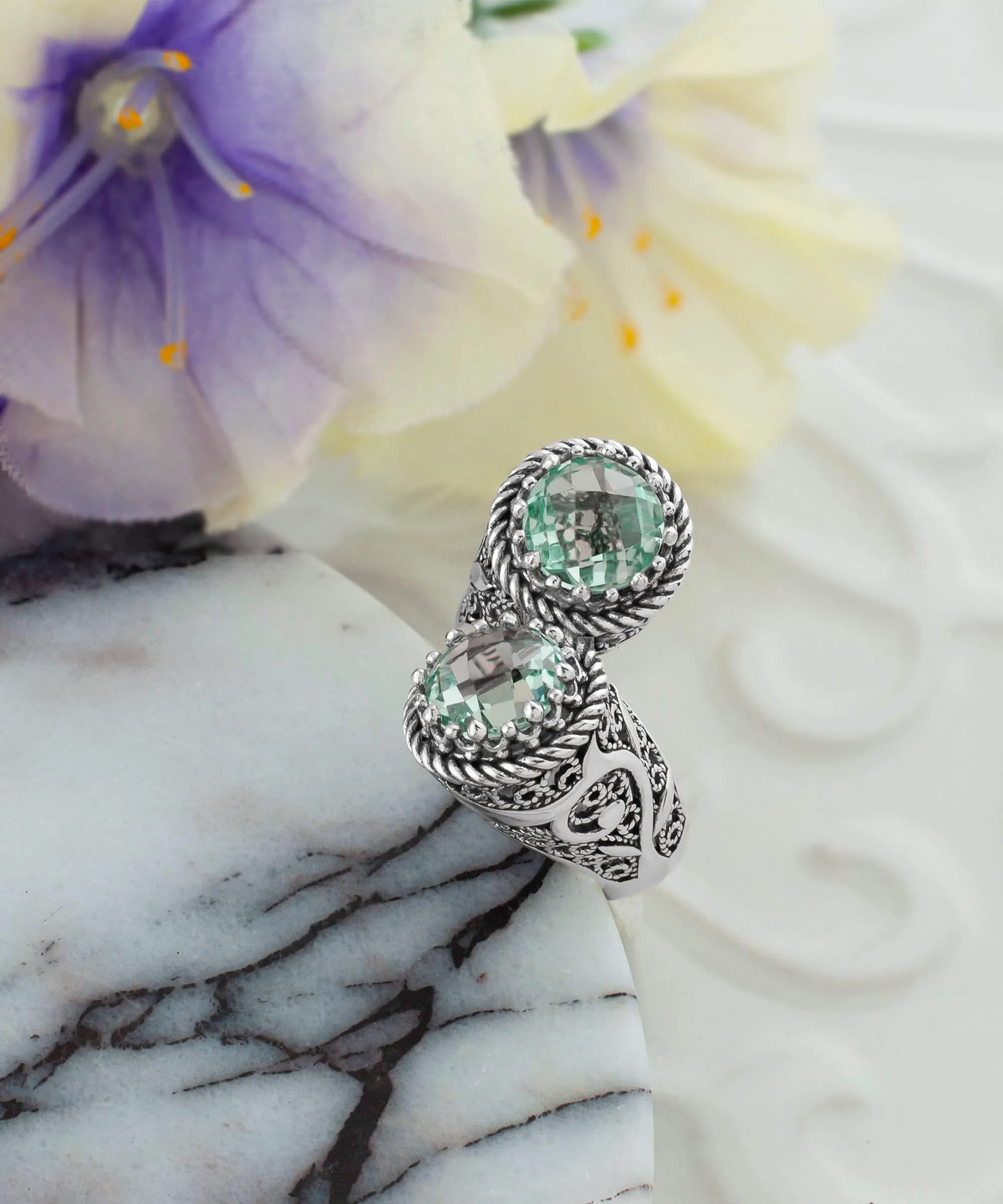 925 Sterling Silver Women's Bypass Ring with Prasiolite Gemstone -