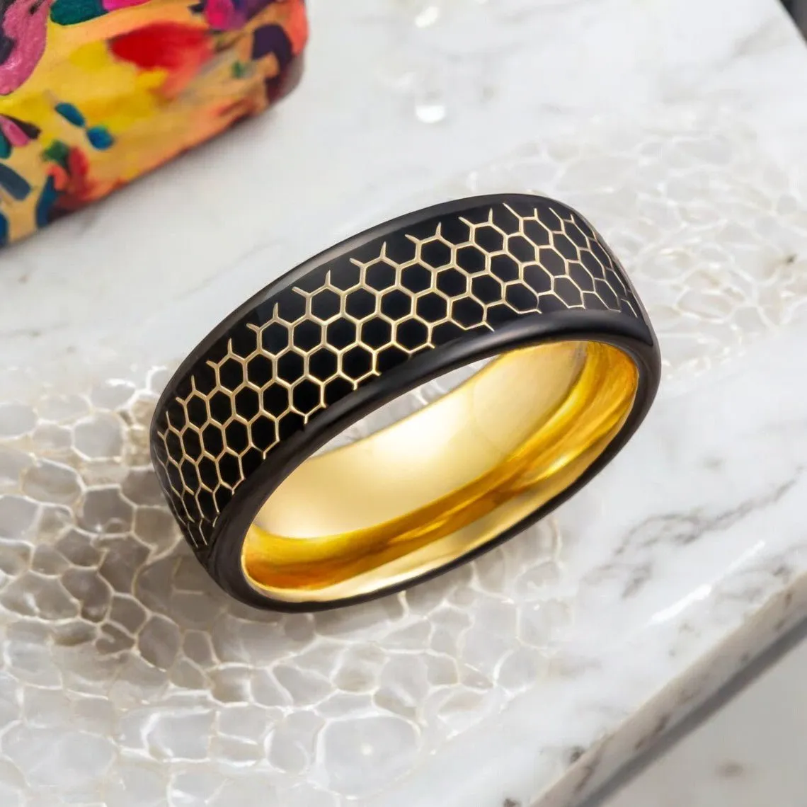 ALTIN | Gold Tungsten Ring, Black Resin Honeycomb Design Inlay, Domed