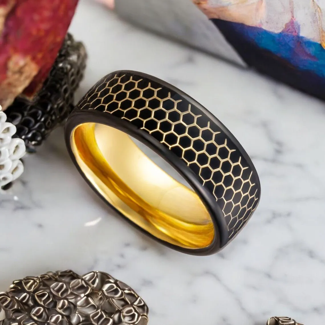 ALTIN | Gold Tungsten Ring, Black Resin Honeycomb Design Inlay, Domed