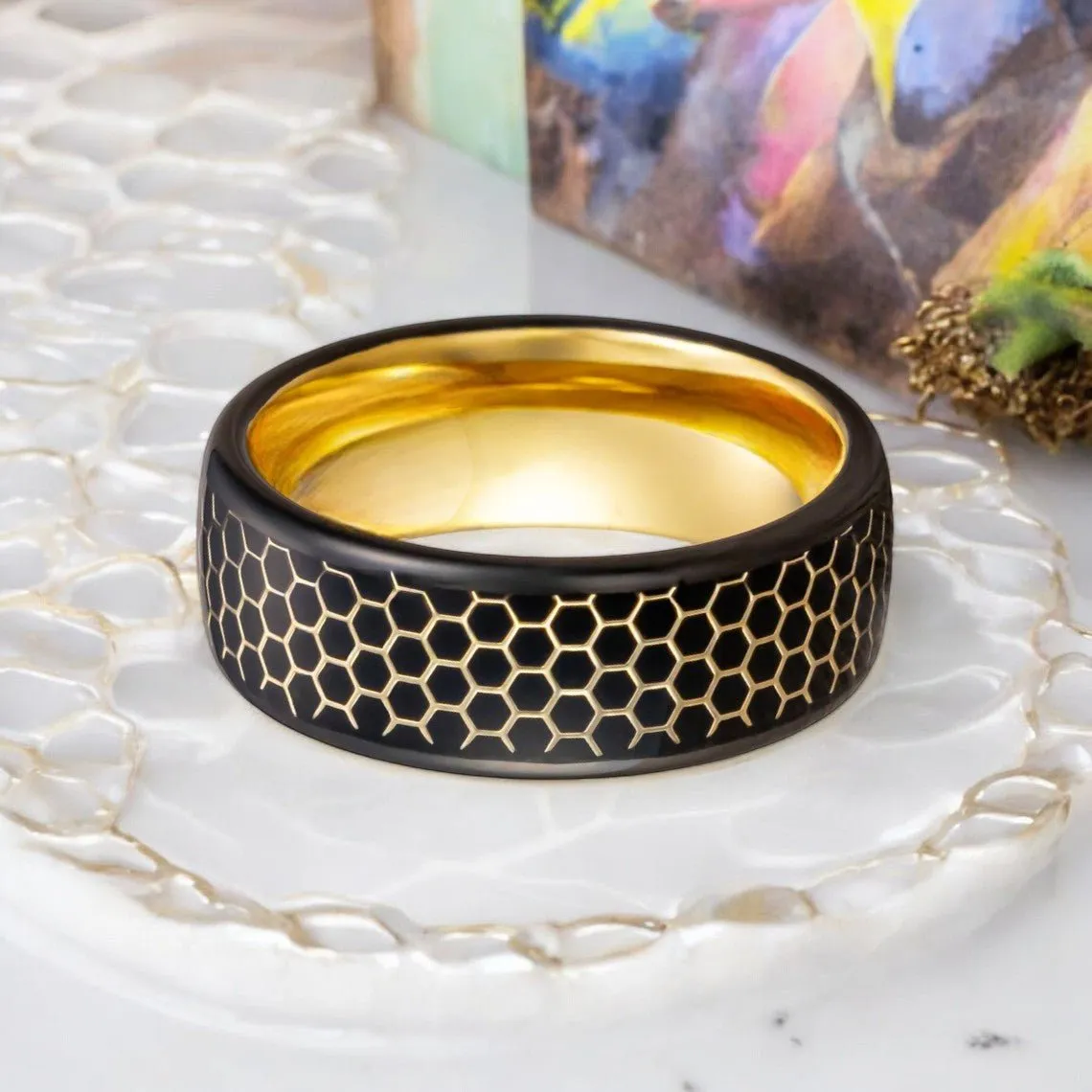 ALTIN | Gold Tungsten Ring, Black Resin Honeycomb Design Inlay, Domed