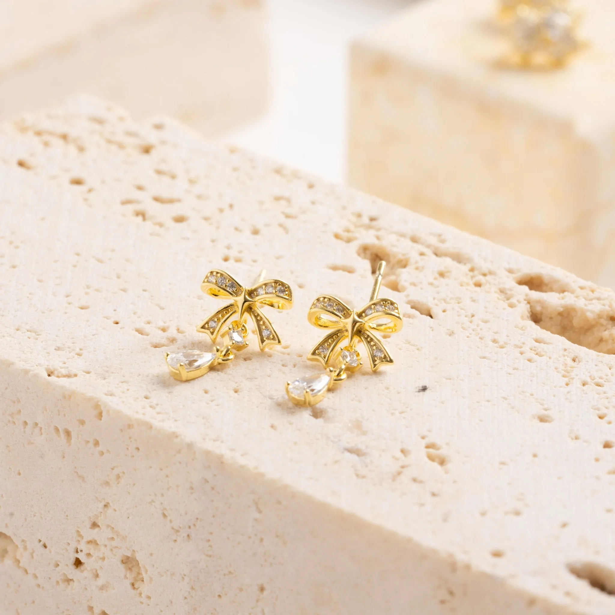 Archfourteen Golden Bow Drop Earrings 925 Sterling Silver