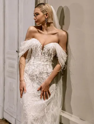 Azariah Beautiful Off-Shoulder Feather Touch White Wedding Dress
