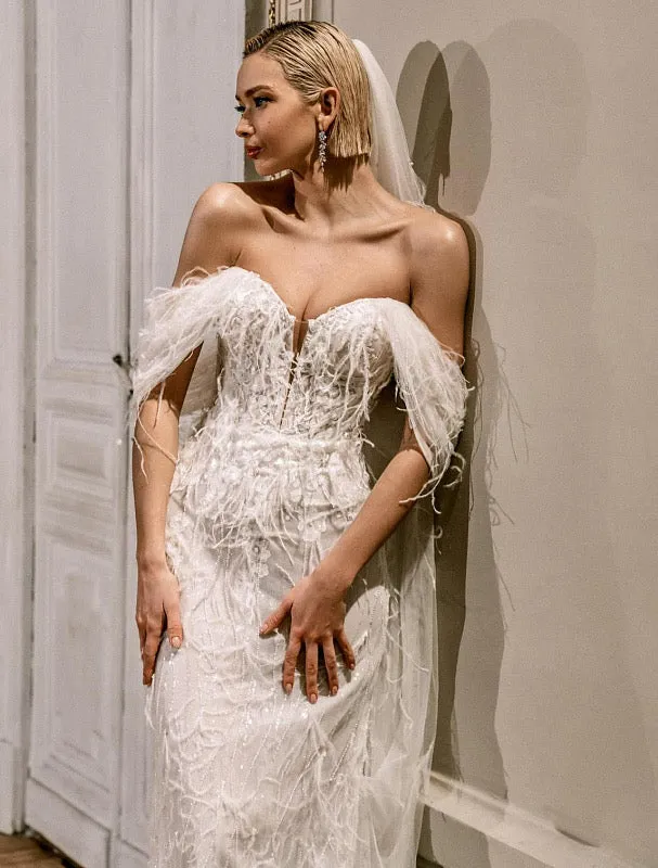 Azariah Beautiful Off-Shoulder Feather Touch White Wedding Dress