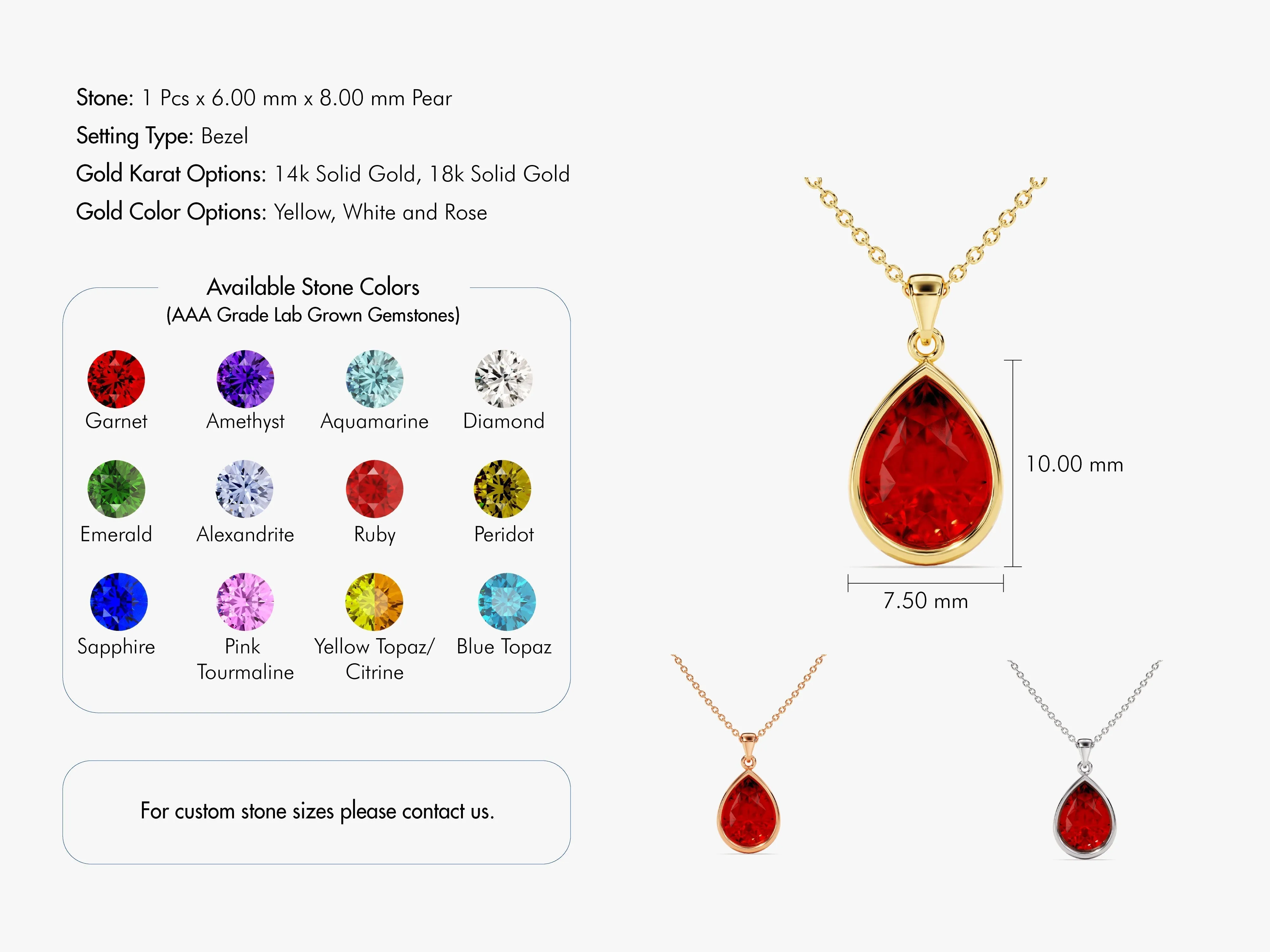 Bezel Set Pear Birthstone Pendant Necklace - Gold Vermeil