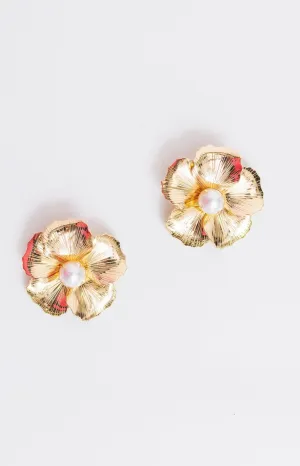 Big Flower Pearl Earrings, GOLD