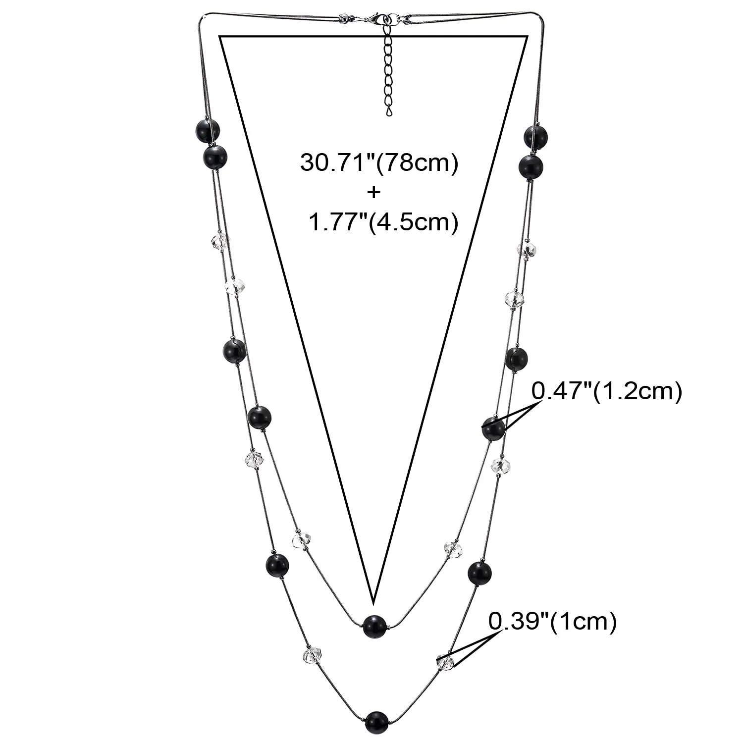 Black Statement Necklace Two-Strand Long Chains with Transparent Crystal Beads Charms, Fashionable