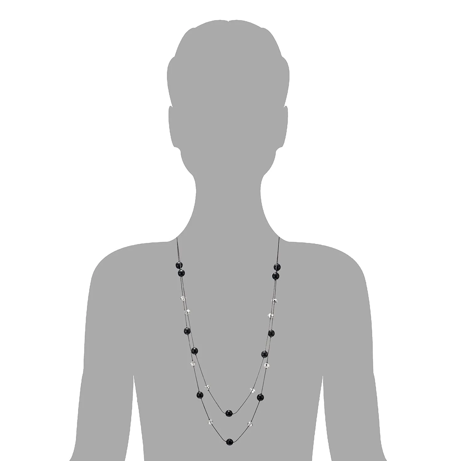 Black Statement Necklace Two-Strand Long Chains with Transparent Crystal Beads Charms, Fashionable