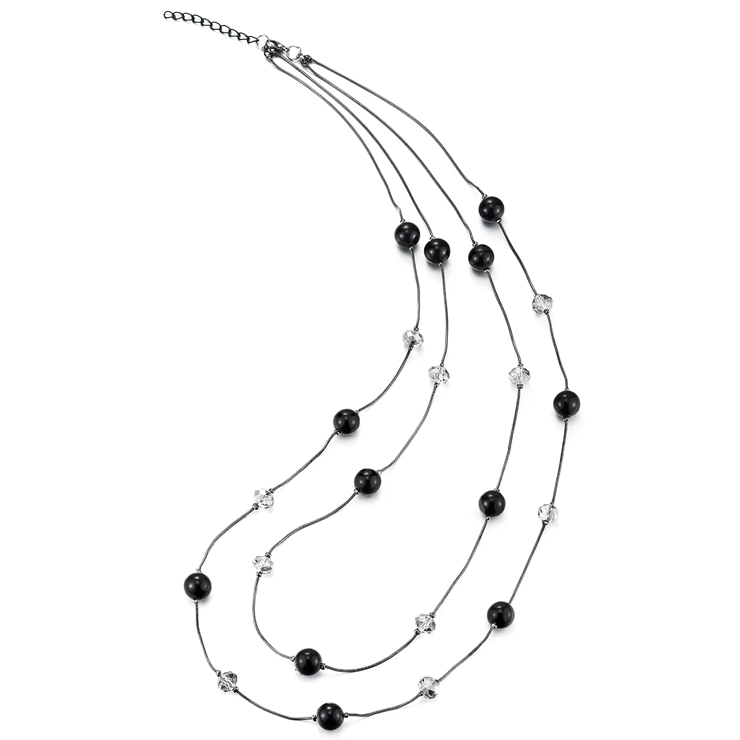 Black Statement Necklace Two-Strand Long Chains with Transparent Crystal Beads Charms, Fashionable
