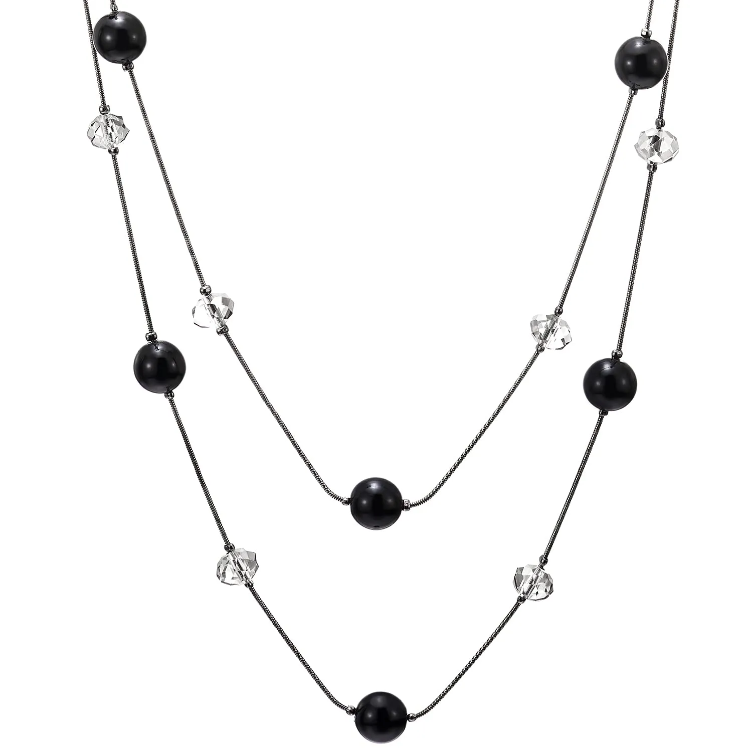 Black Statement Necklace Two-Strand Long Chains with Transparent Crystal Beads Charms, Fashionable