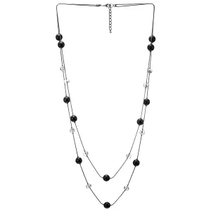 Black Statement Necklace Two-Strand Long Chains with Transparent Crystal Beads Charms, Fashionable