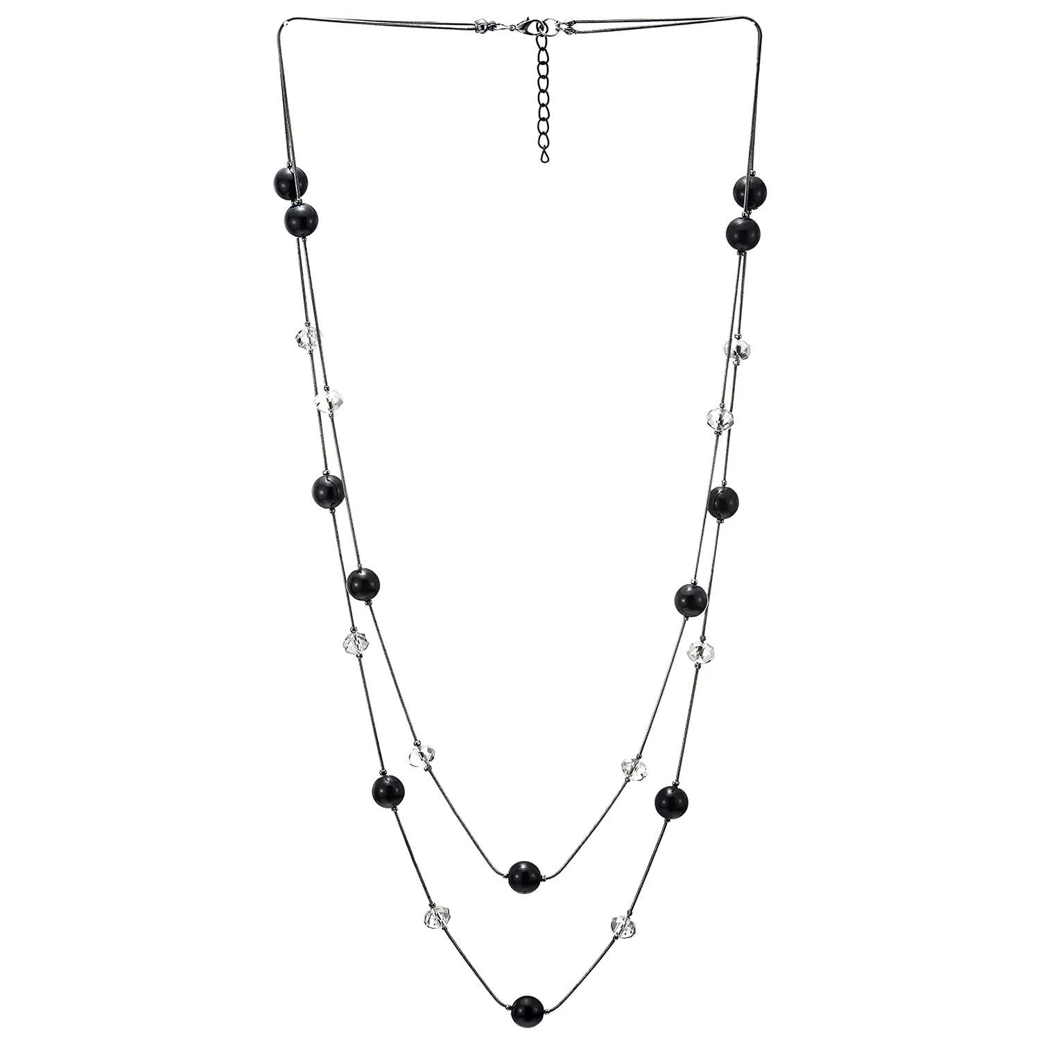 Black Statement Necklace Two-Strand Long Chains with Transparent Crystal Beads Charms, Fashionable