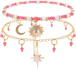 Bohemian Layered Beaded Bracelets for Women Colorful Friendship Bracelets Set Stretch Bracelets Stackable Elastic Crystal Glass Beads Pearl Star Charm Pendant Bracelets Boho Jewelry Gift for Women