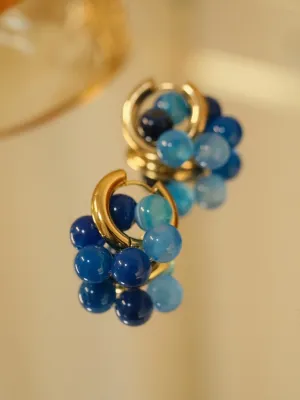 Bold Blue Beaded Hoop Earrings with Gold Accent jlt11525