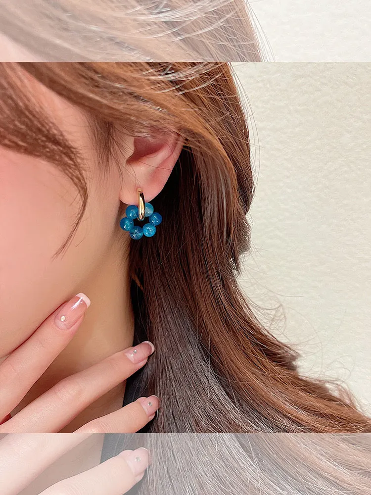 Bold Blue Beaded Hoop Earrings with Gold Accent jlt11525