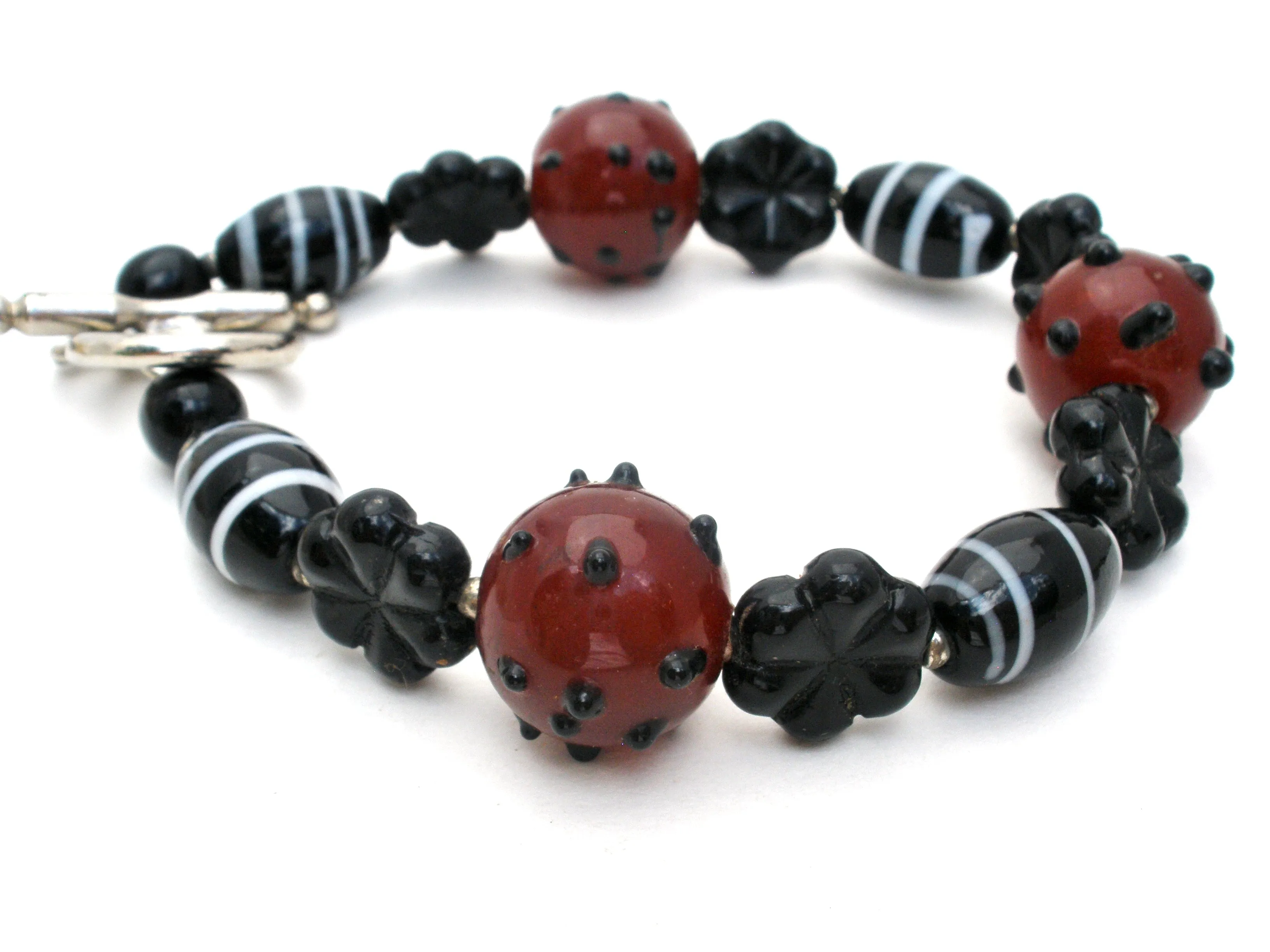 Brown and Black Lampwork Art Glass Bead Bracelet 8.75"