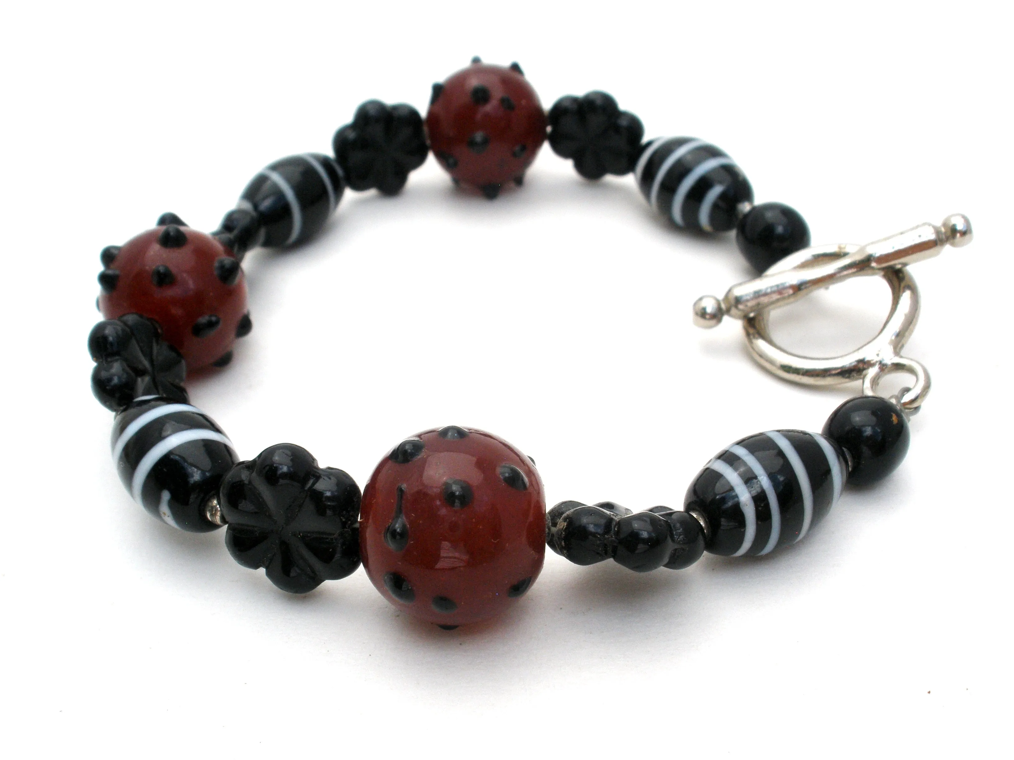 Brown and Black Lampwork Art Glass Bead Bracelet 8.75"