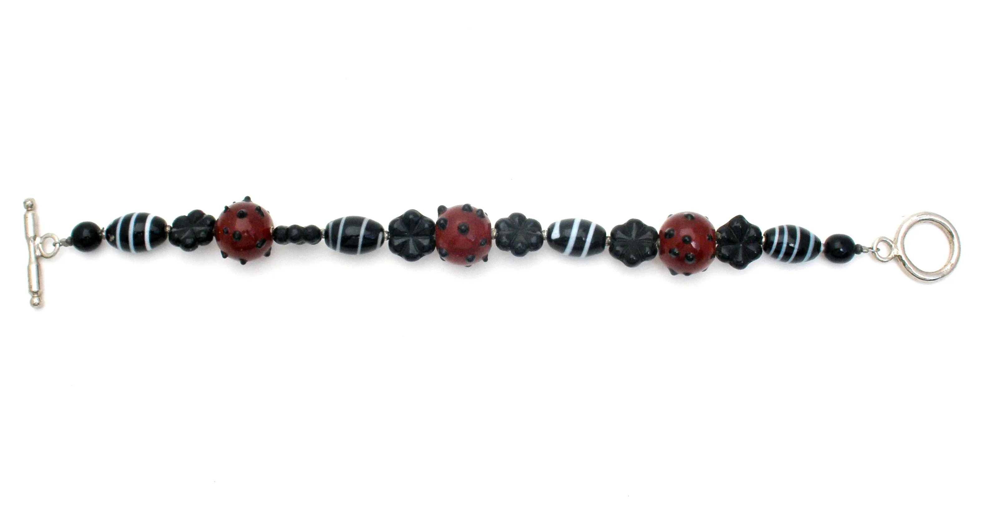 Brown and Black Lampwork Art Glass Bead Bracelet 8.75"