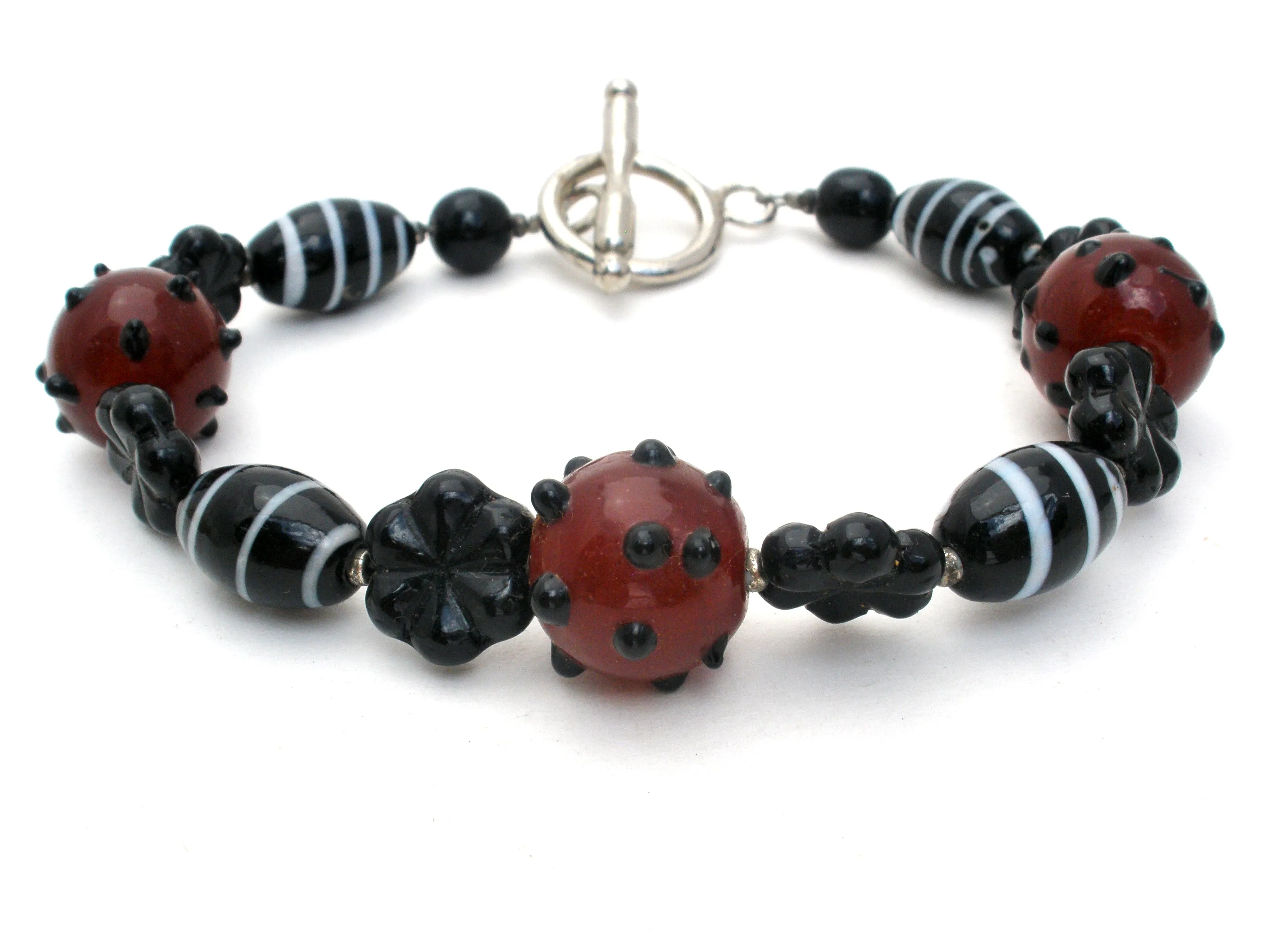 Brown and Black Lampwork Art Glass Bead Bracelet 8.75"