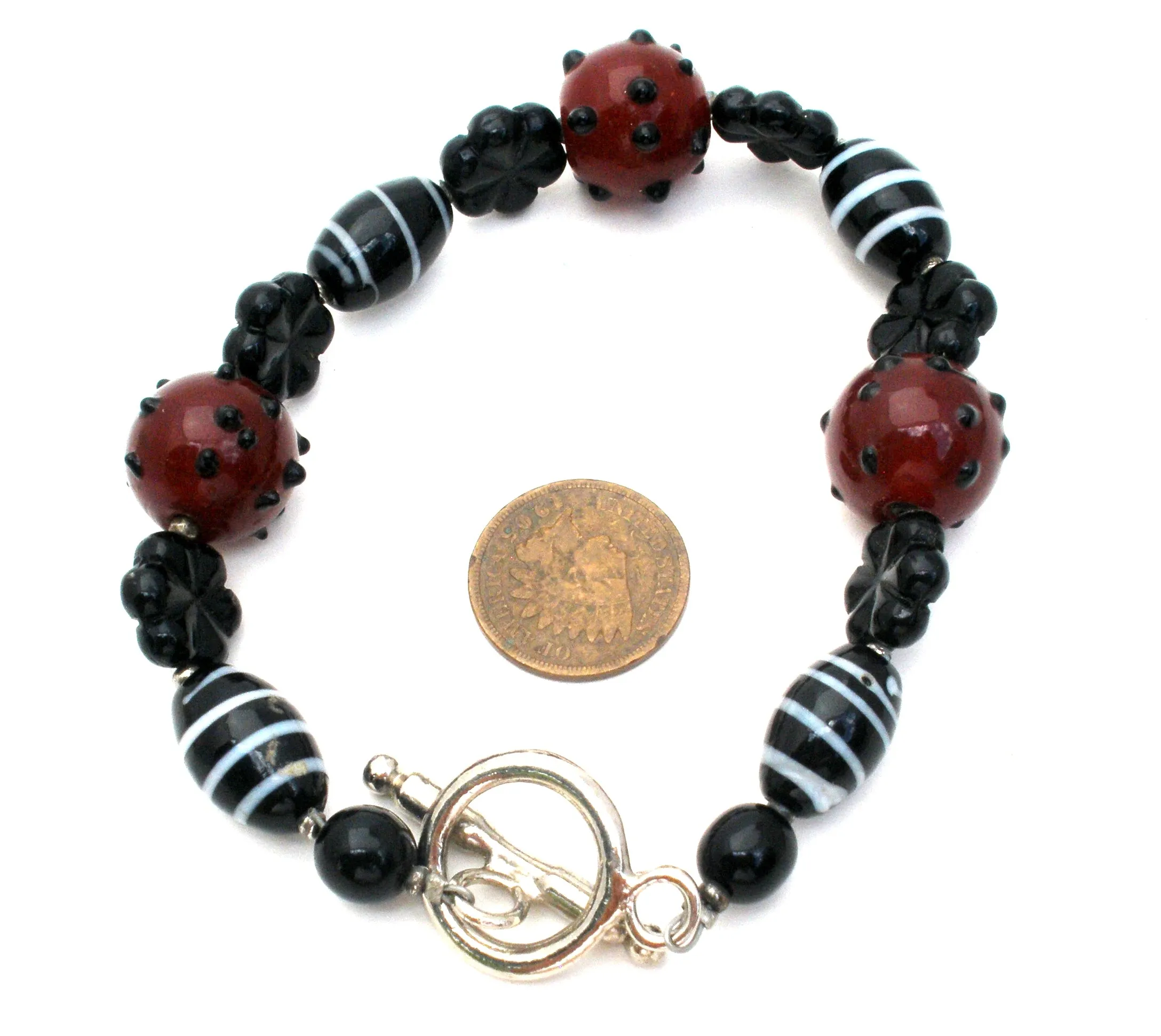 Brown and Black Lampwork Art Glass Bead Bracelet 8.75"