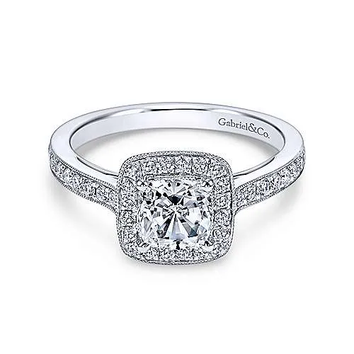 Classic Cushion Halo Diamond Ring .28 Cttw  14K White Gold