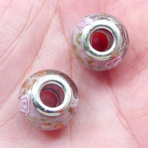 CLEARANCE Lampwork Bead w/ Flower & Gold Sprinkles (2pcs / 14mm x 10mm / Purple) Dual Core Floral Glass Beads Large Hole European Bracelet CHM2020
