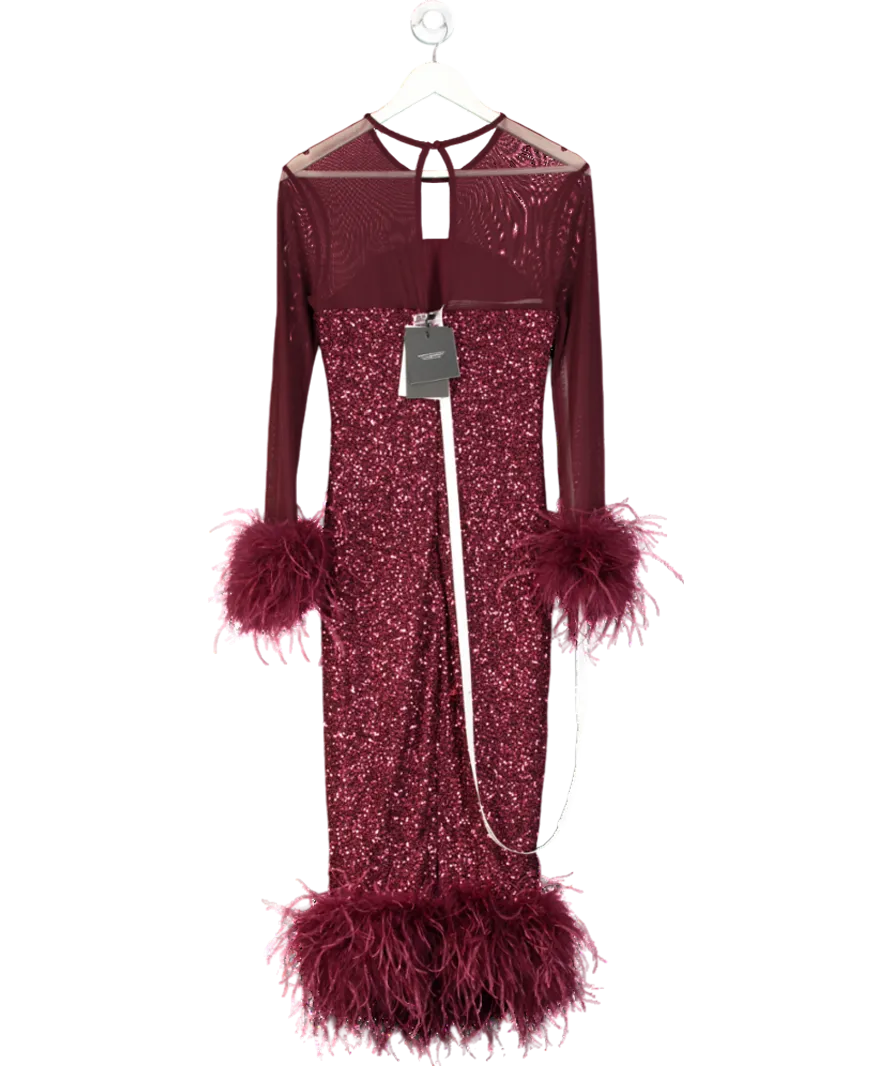 Club L Burgundy Afterglow Port Sequin Long-sleeve Midi Dress With Feather Trims UK 10