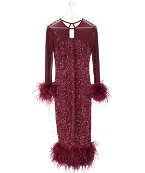 Club L Burgundy Afterglow Port Sequin Long-sleeve Midi Dress With Feather Trims UK 10